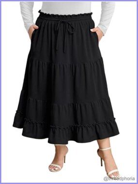 Plus Size Maxi Skirt High Waisted A-Line Tiered Flowy Long Skirt with Pockets